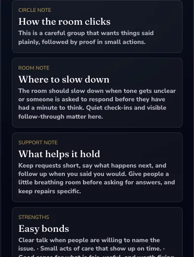 KinAstro reading cards with notes for how a constellation clicks, slows down, and repairs.